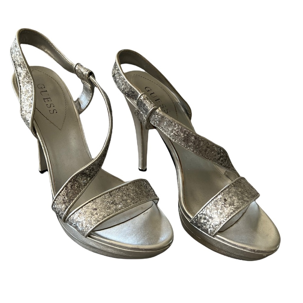 Guess silver glitter strap heels size m 9